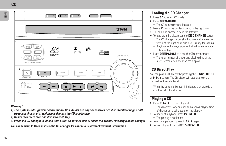 Loading the cd changer, Cd direct play, Playing a cd | 16 english | Philips FW320C User Manual | Page 16 / 27