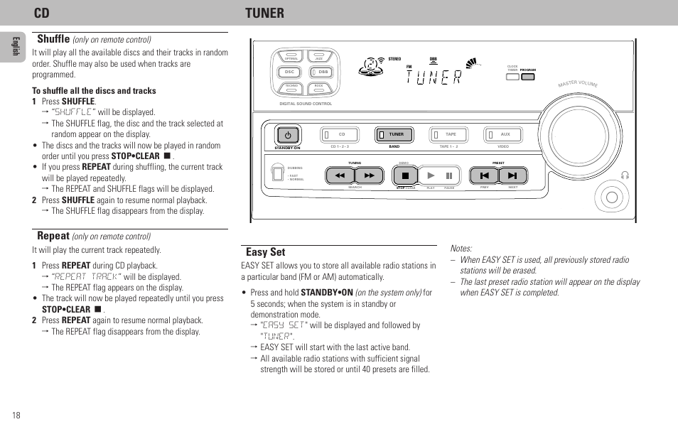 Cd tuner, Shuffle, Repeat | Easy set, 18 english | Philips FW320C User Manual | Page 18 / 27