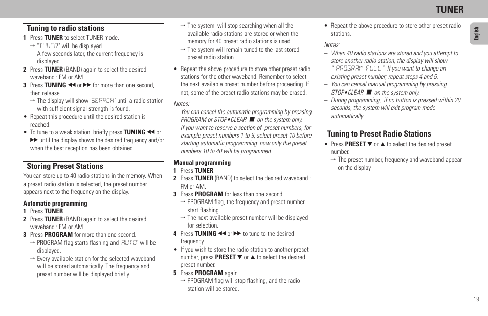 Tuner, Tuning to radio stations, Storing preset stations | Tuning to preset radio stations | Philips FW320C User Manual | Page 19 / 27