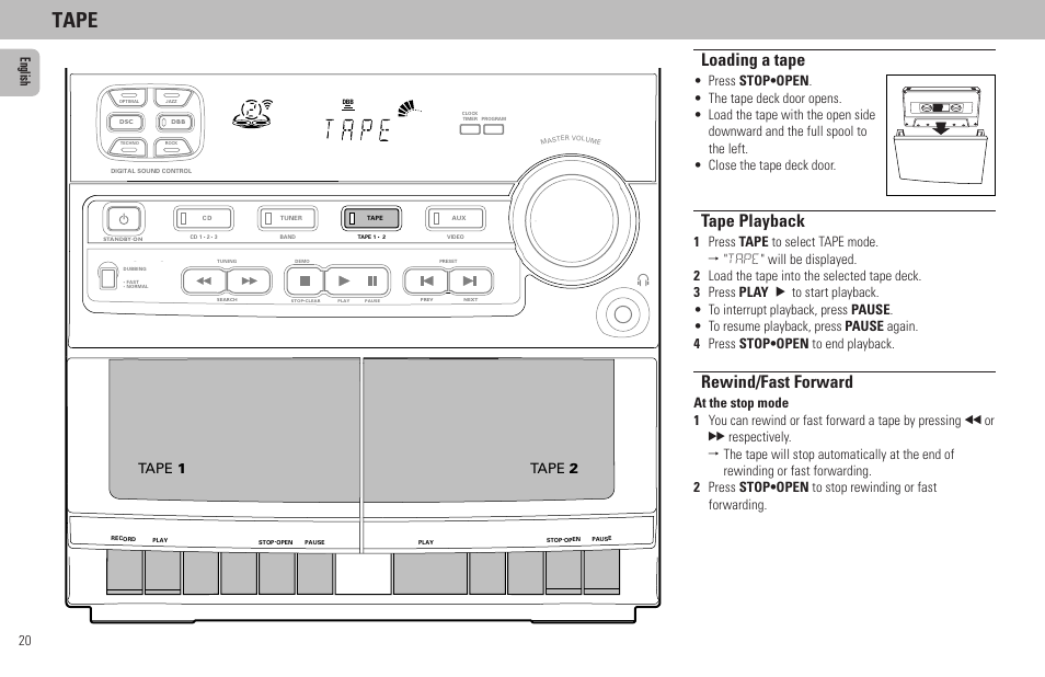 Tape, Loading a tape, Tape playback | Rewind/fast forward, 20 english, Tape 1, Tape 2 | Philips FW320C User Manual | Page 20 / 27