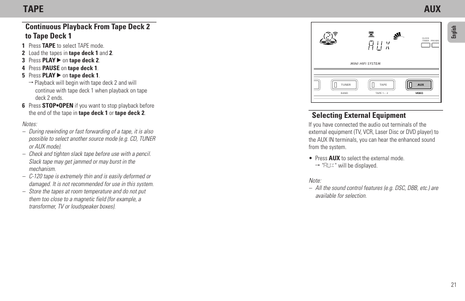 Tape aux, Selecting external equipment, 21 english | Philips FW320C User Manual | Page 21 / 27