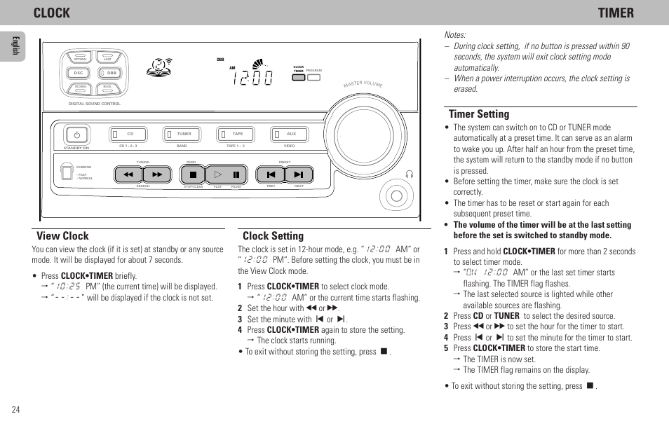 Clock timer, Timer setting, View clock | Clock setting | Philips FW320C User Manual | Page 24 / 27