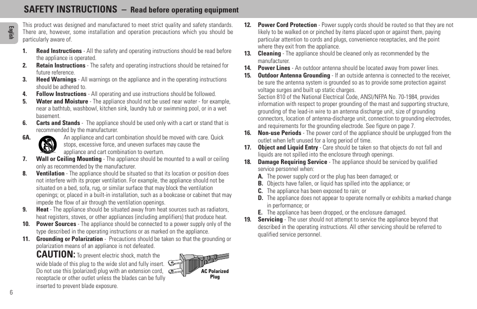 Safety instructions, Caution, Read before operating equipment | Philips FW320C User Manual | Page 6 / 27