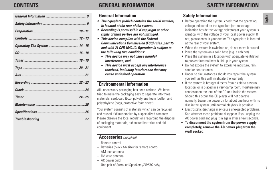 Contents general information safety information | Philips FW320C User Manual | Page 9 / 27