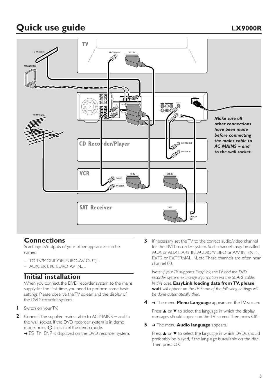 Quick use guide, Lx9000r, Connections | Initial installation, Switch on your tv, Is tv on? is displayed on the dvd recorder system | Philips LX9000R/25S User Manual | Page 3 / 6