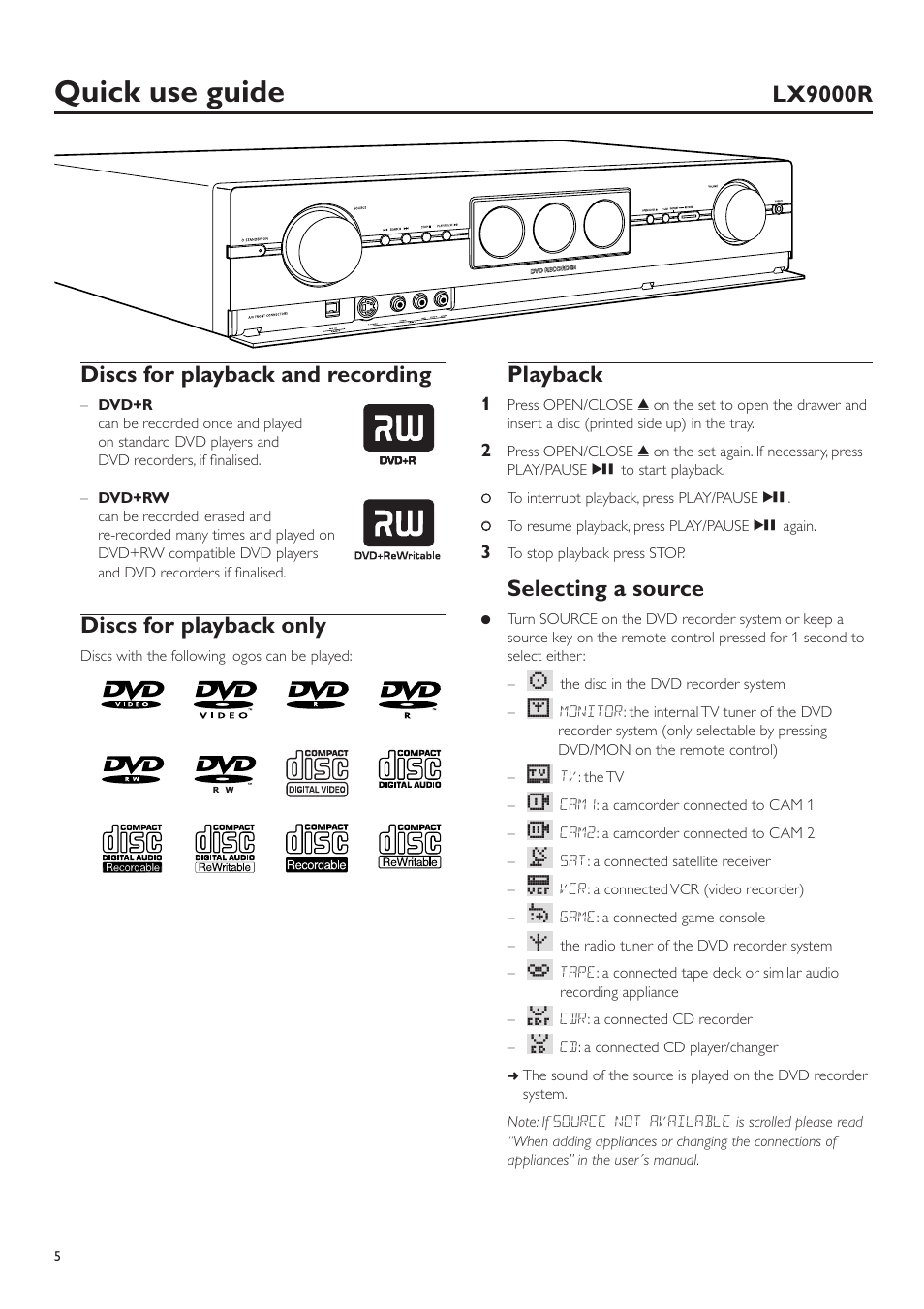 Quick use guide, Discs for playback and recording, Discs for playback only | Playback, Selecting a source, Lx9000r | Philips LX9000R/25S User Manual | Page 5 / 6