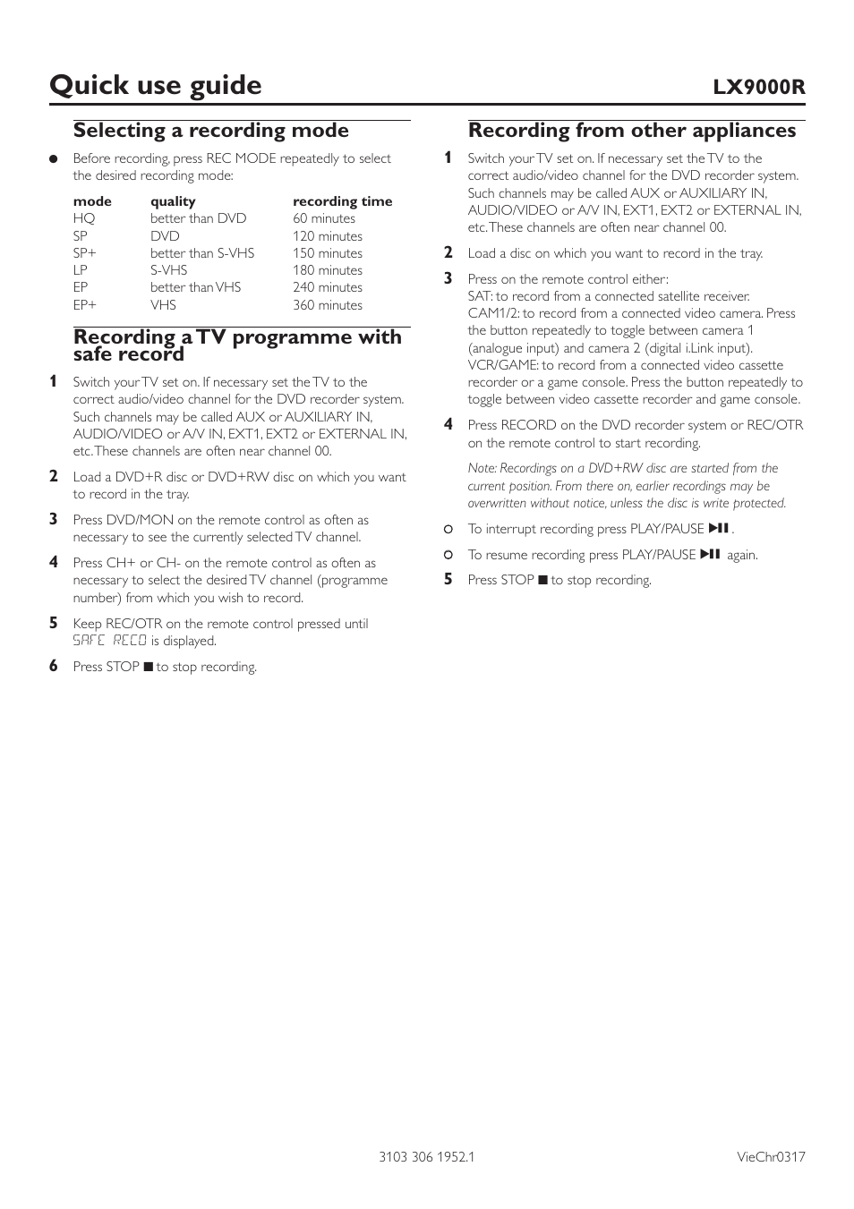 Quick use guide, Selecting a recording mode, Recording a tv programme with safe record | Recording from other appliances, Lx9000r | Philips LX9000R/25S User Manual | Page 6 / 6