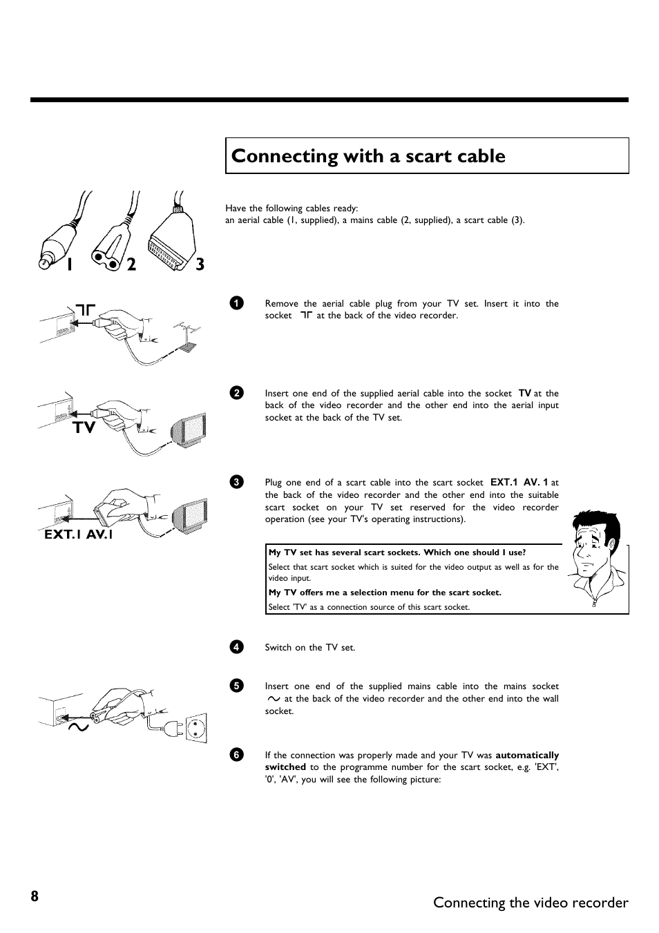 Connecting with a scart cable, Connecting the video recorder | Philips VR620/58 User Manual | Page 12 / 64