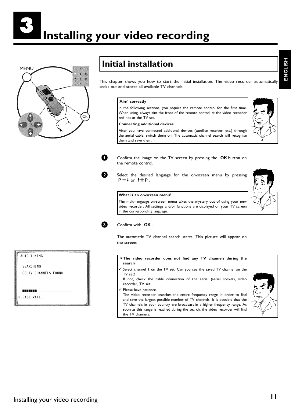 Installing your video recording, Initial installation | Philips VR620/58 User Manual | Page 15 / 64