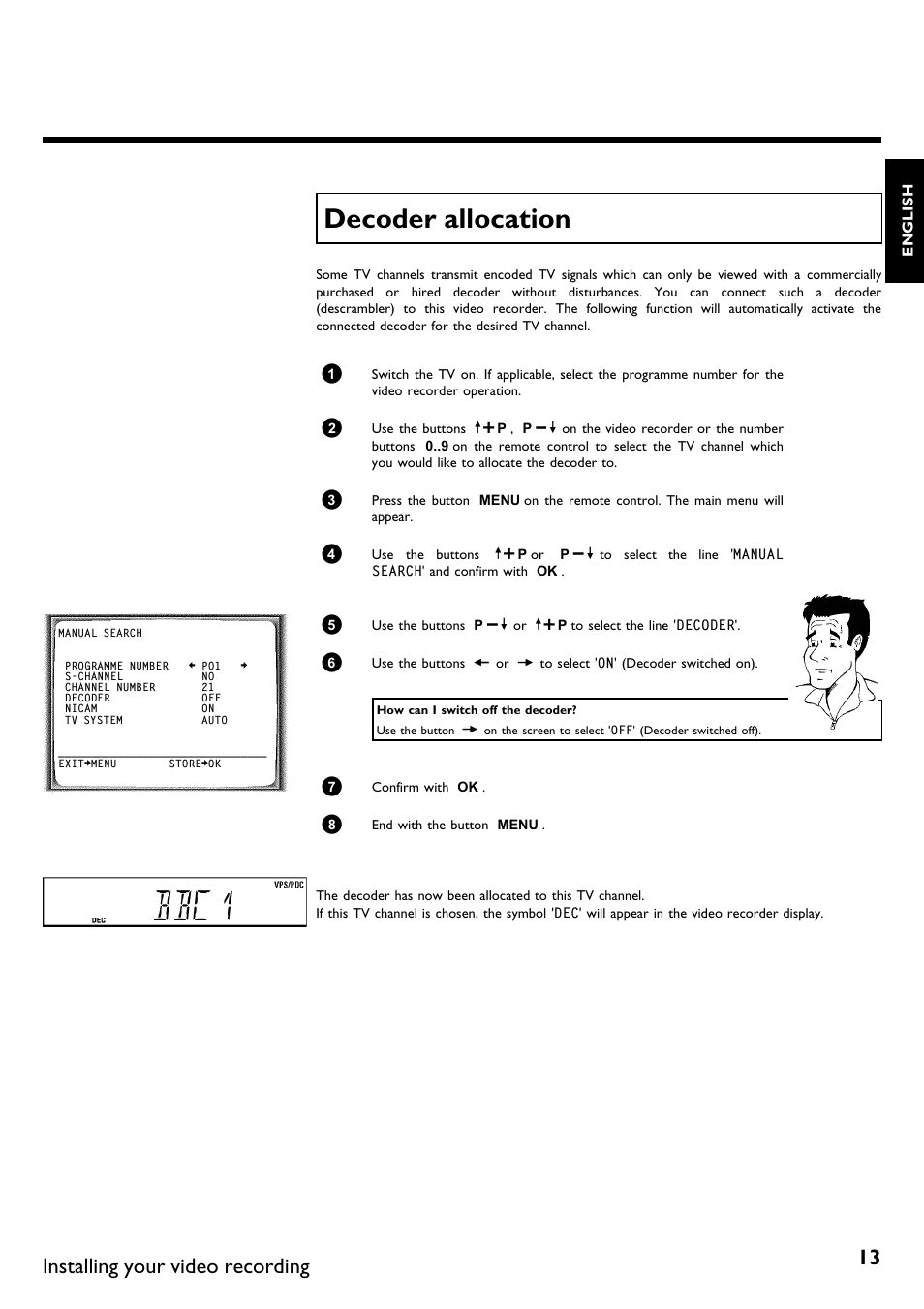 Decoder allocation, Bbc1, Installing your video recording | Philips VR620/58 User Manual | Page 17 / 64