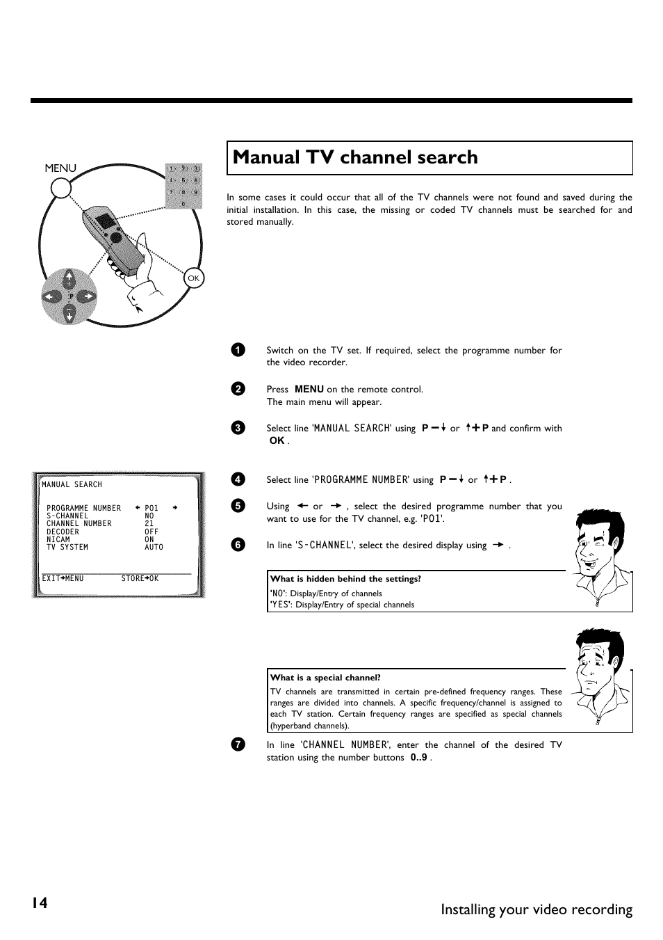 Manual tv channel search, Installing your video recording | Philips VR620/58 User Manual | Page 18 / 64