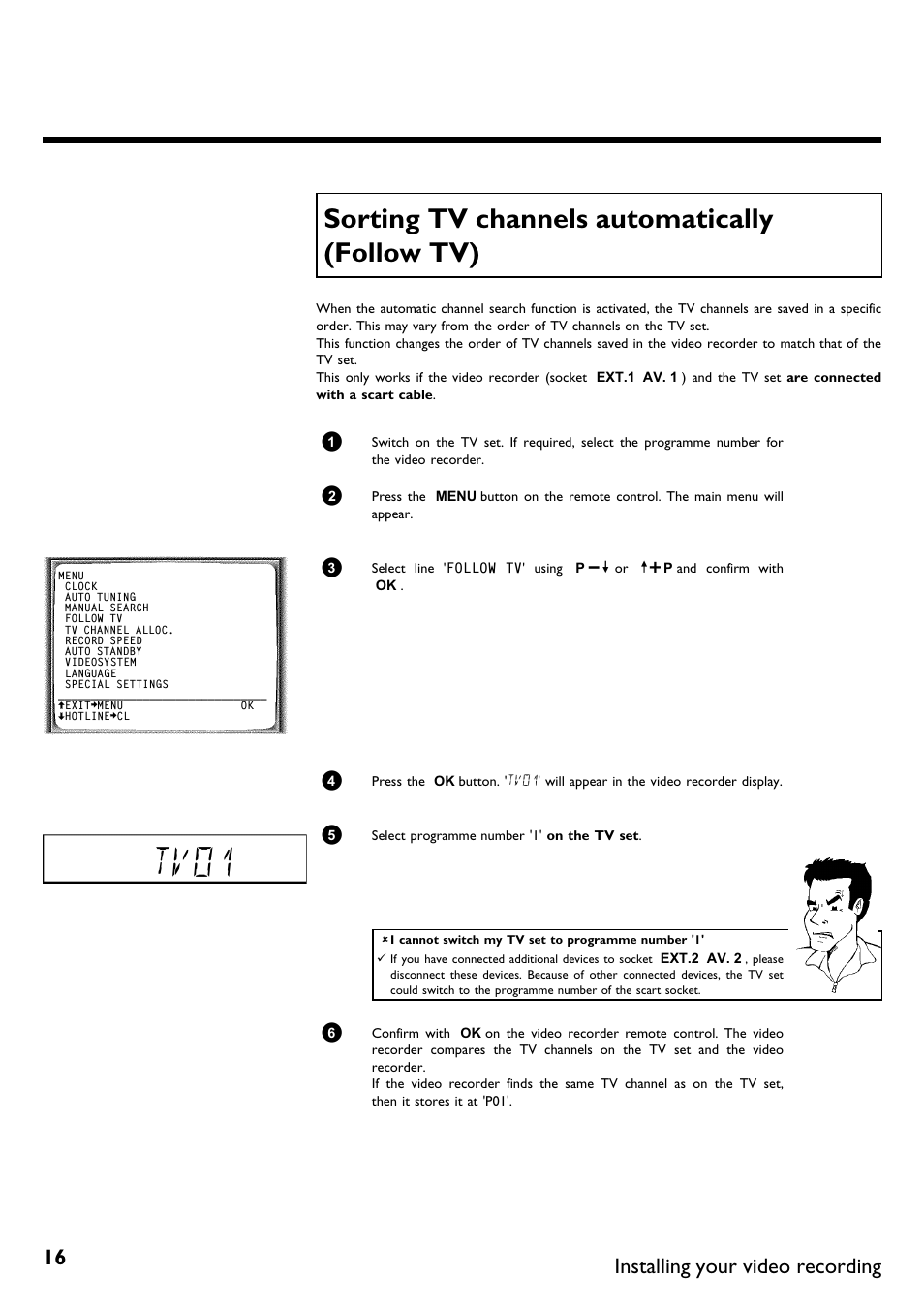 Sorting tv channels automatically (follow tv), Tv01, Installing your video recording | Philips VR620/58 User Manual | Page 20 / 64