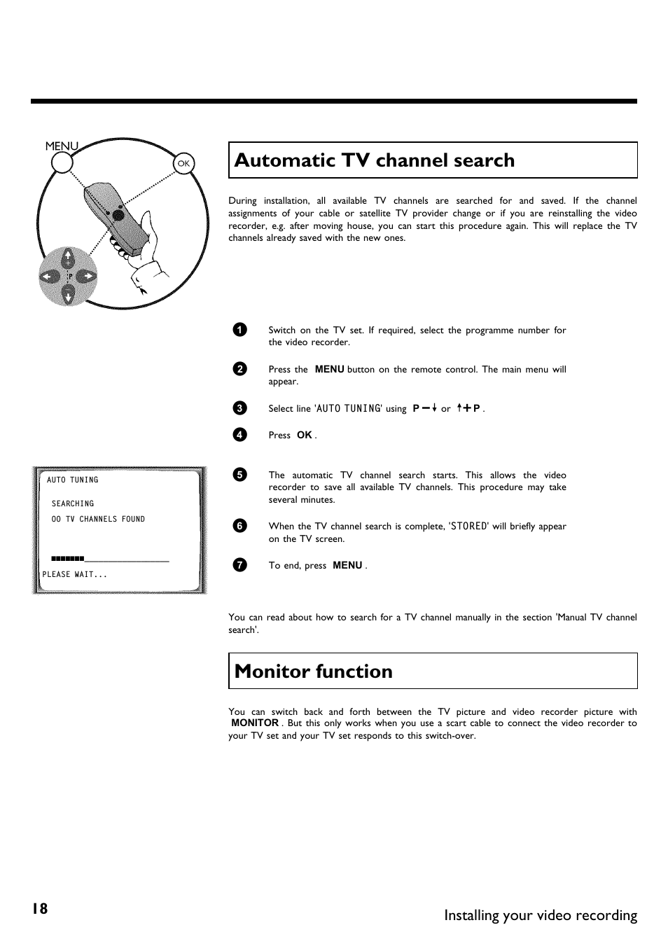 Automatic tv channel search, Monitor function, Installing your video recording | Philips VR620/58 User Manual | Page 22 / 64