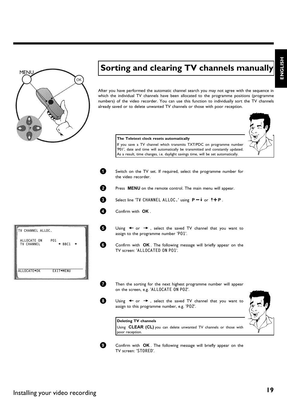 Sorting and clearing tv channels manually, Installing your video recording | Philips VR620/58 User Manual | Page 23 / 64