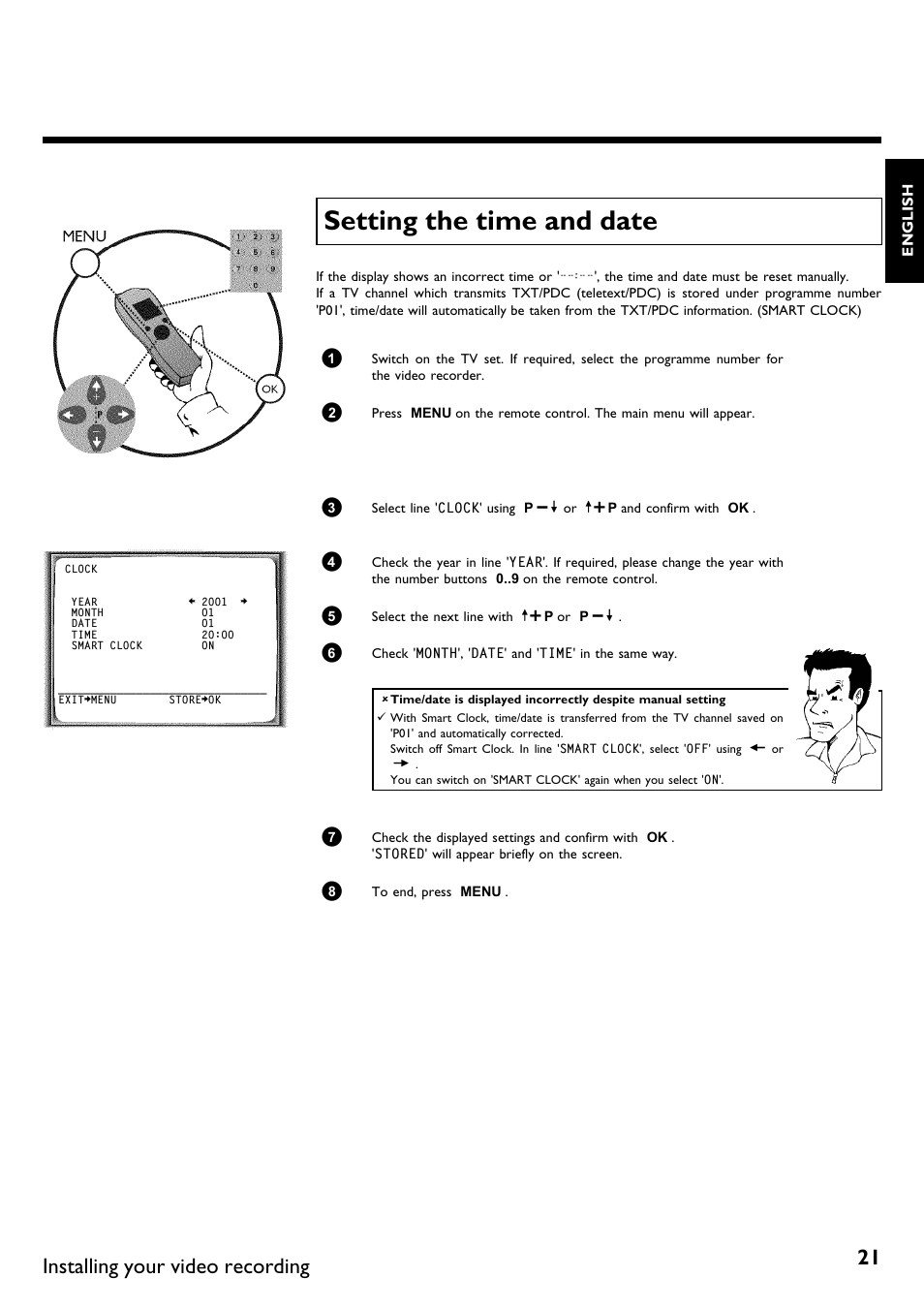 Setting the time and date, Installing your video recording | Philips VR620/58 User Manual | Page 25 / 64