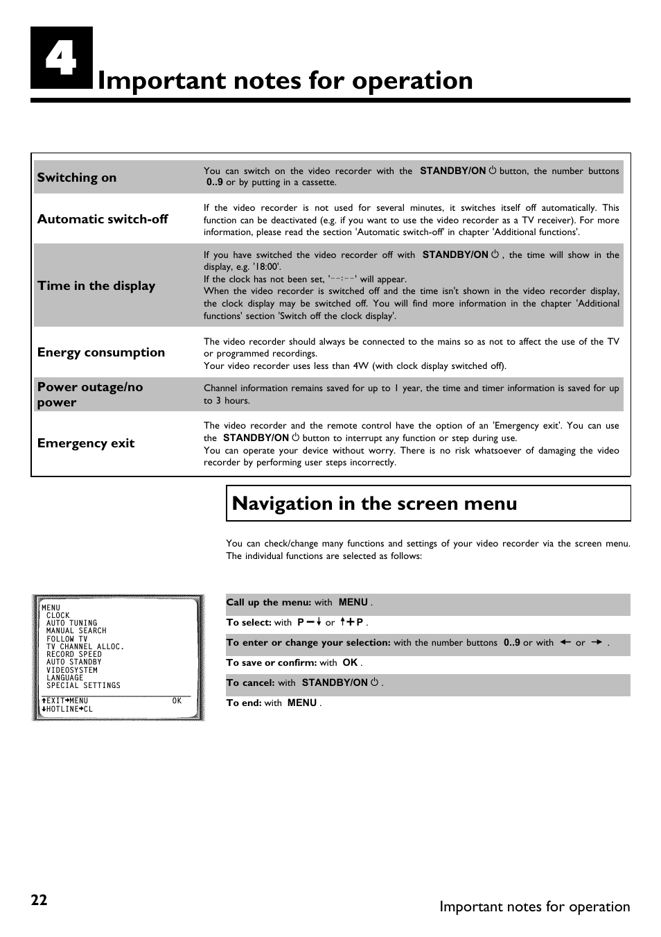 Important notes for operation, Navigation in the screen menu | Philips VR620/58 User Manual | Page 26 / 64