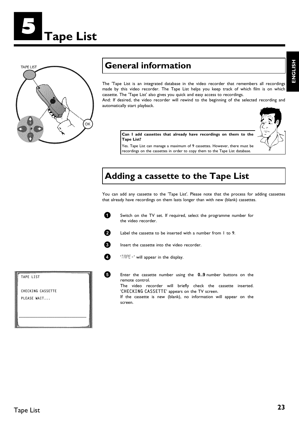 Tape list, General information, Adding a cassette to the tape list | Philips VR620/58 User Manual | Page 27 / 64