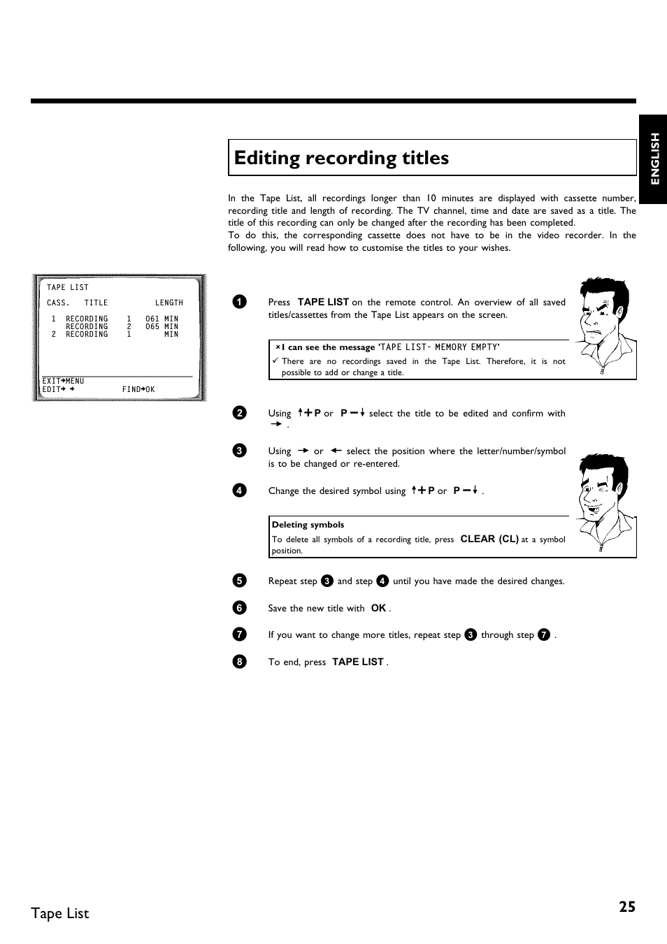 Editing recording titles, Tape list | Philips VR620/58 User Manual | Page 29 / 64