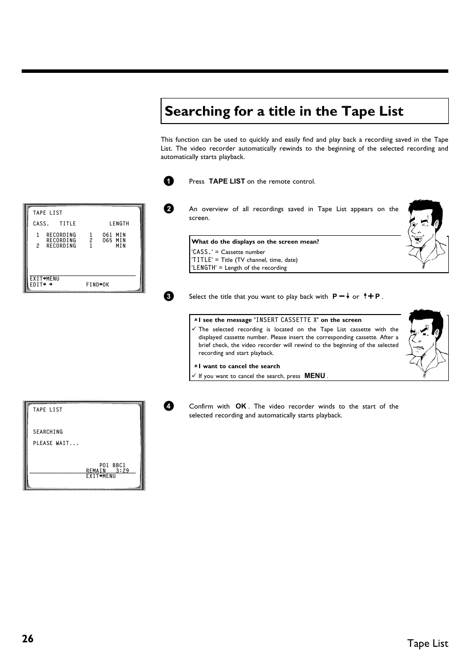 Searching for a title in the tape list, Tape list | Philips VR620/58 User Manual | Page 30 / 64