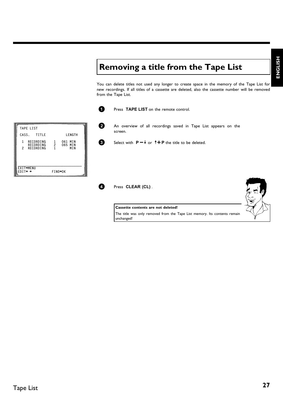 Removing a title from the tape list, Tape list | Philips VR620/58 User Manual | Page 31 / 64