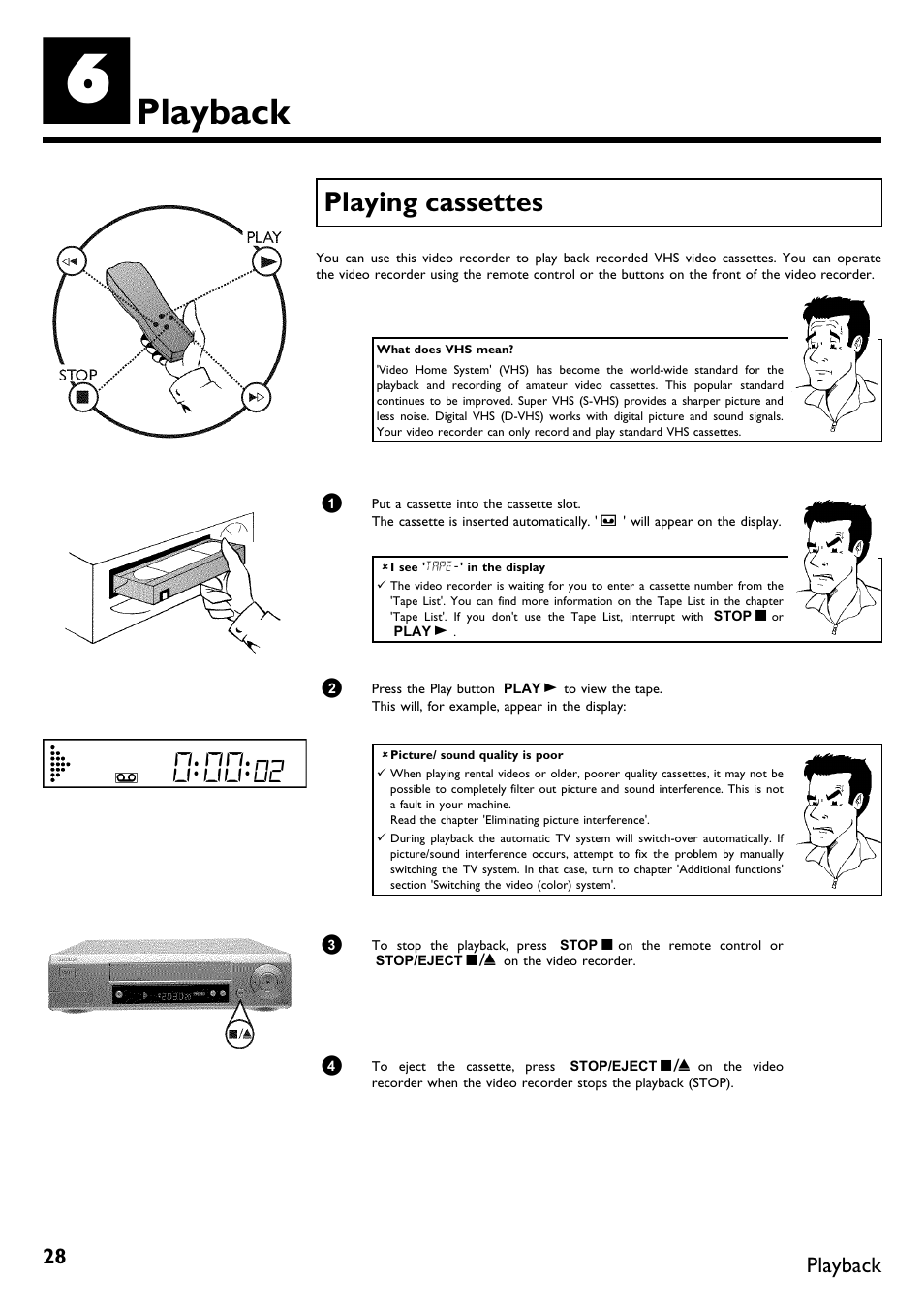 Playback28, Playing cassettes, Playback | Philips VR620/58 User Manual | Page 32 / 64