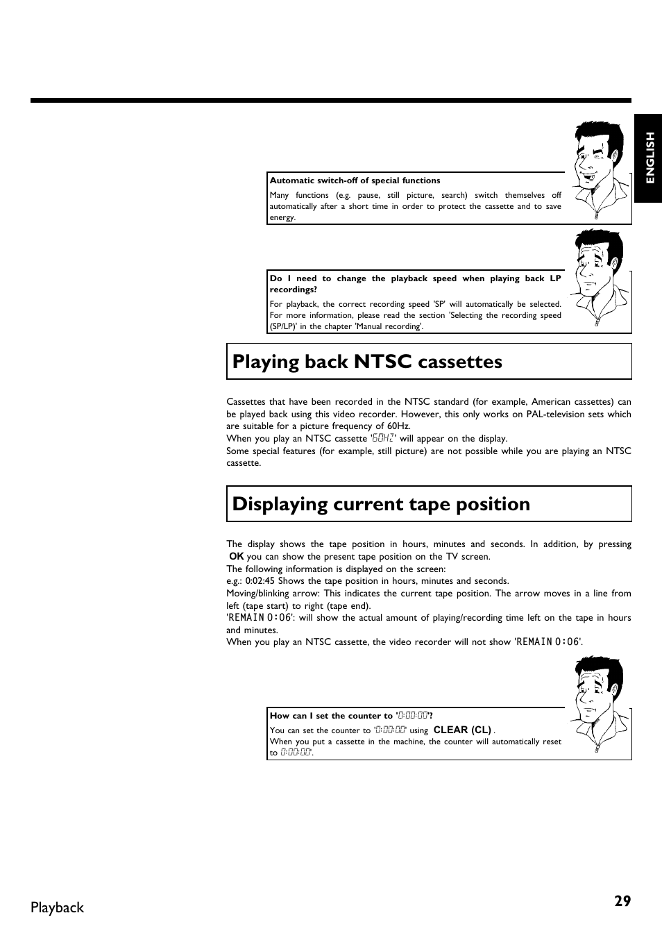 Playing back ntsc cassettes, Displaying current tape position, Playing backntsc cassettes | Playback | Philips VR620/58 User Manual | Page 33 / 64