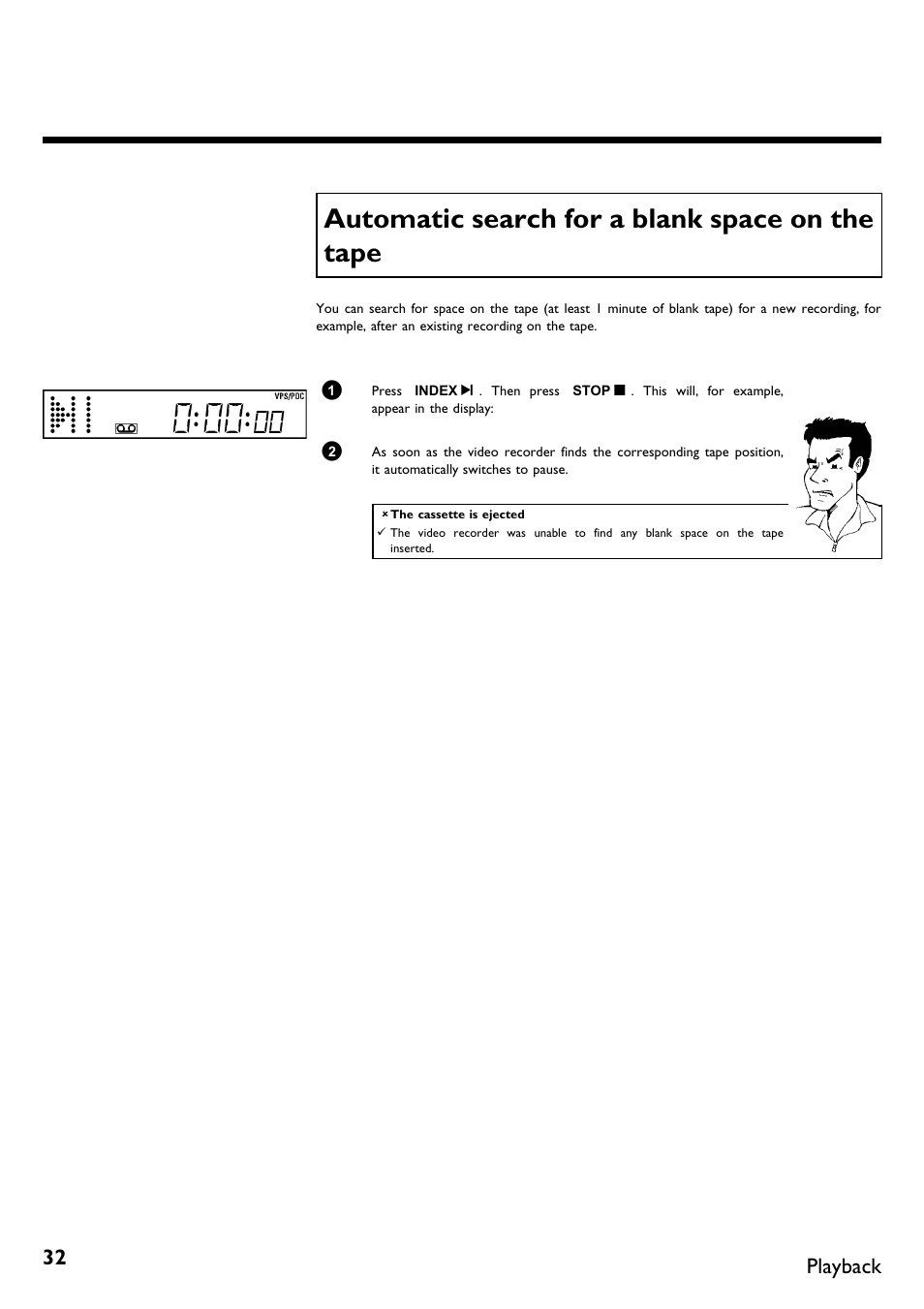 Automatic search for a blank space on the tape, Automatic search for a blankspace on the tape | Philips VR620/58 User Manual | Page 36 / 64