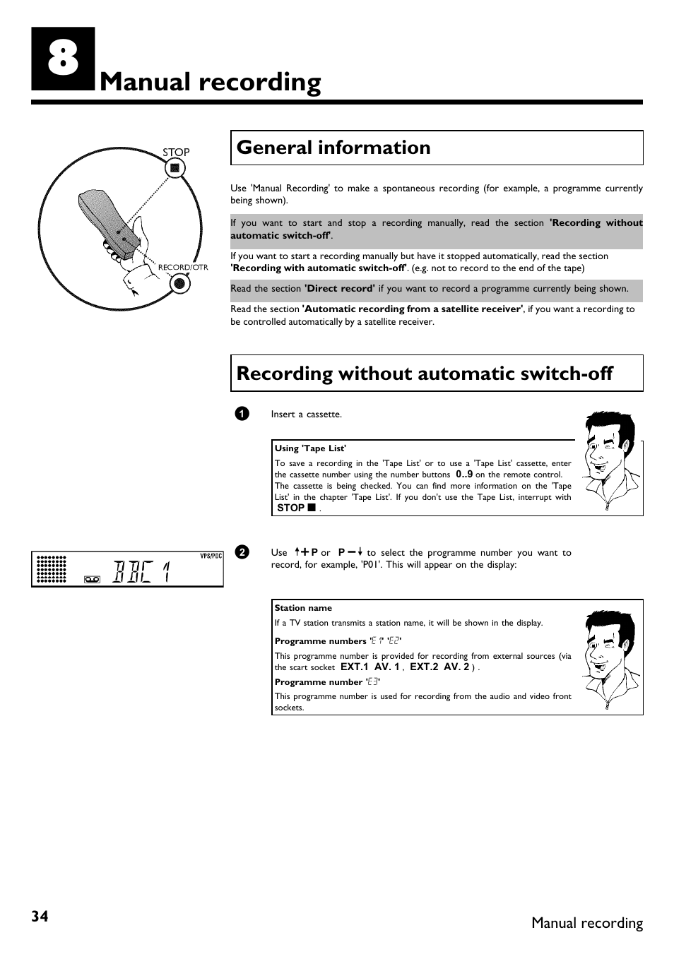 Manual recording, General information, Recording without automatic switch-off | Bbc1, Recording without automatic switch off | Philips VR620/58 User Manual | Page 38 / 64