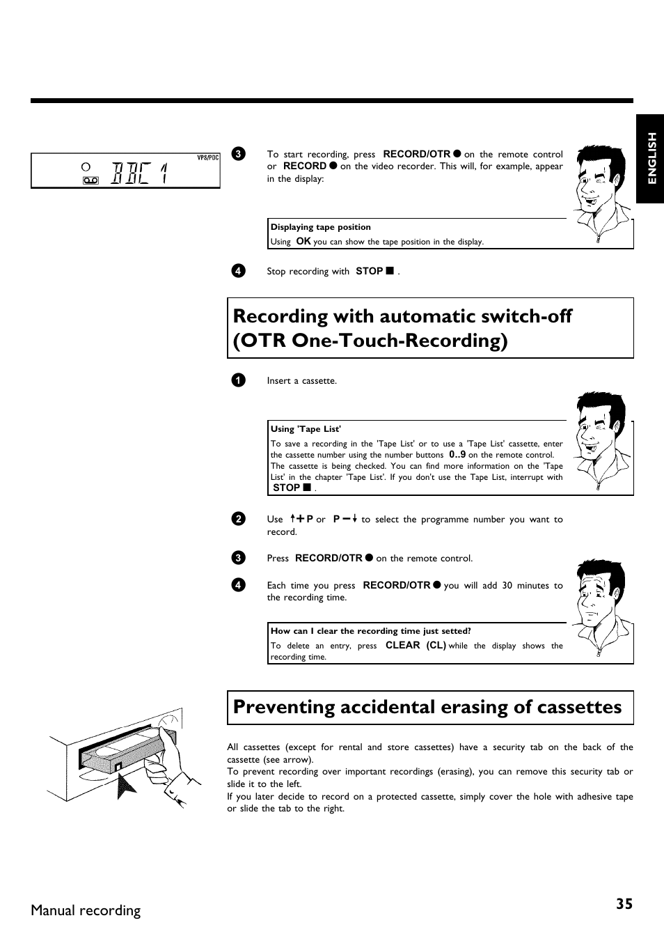 Preventing accidental erasing of cassettes, Bbc1, Manual recording | Philips VR620/58 User Manual | Page 39 / 64