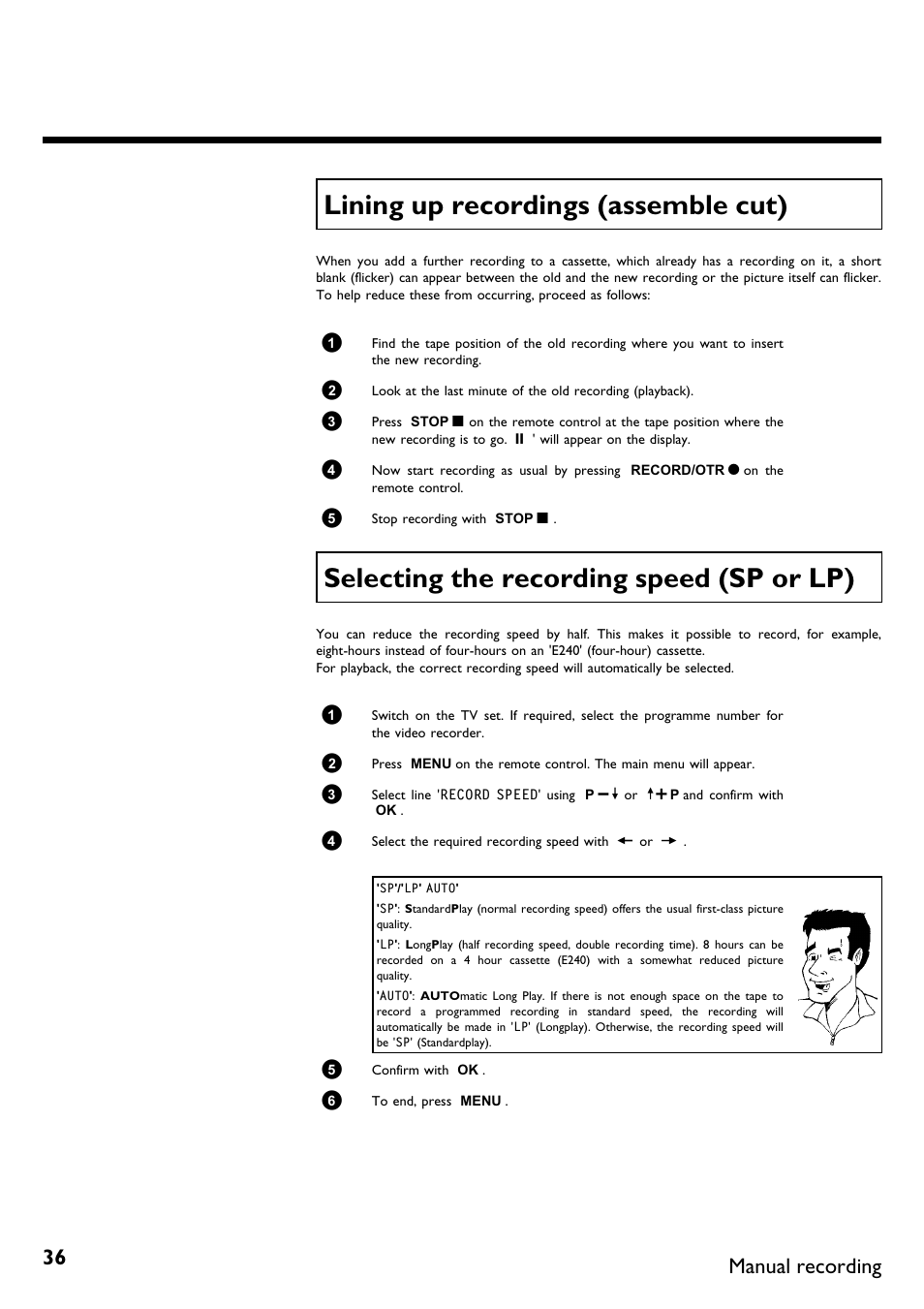 Lining up recordings (assemble cut), Selecting the recording speed (sp or lp), Manual recording | Philips VR620/58 User Manual | Page 40 / 64