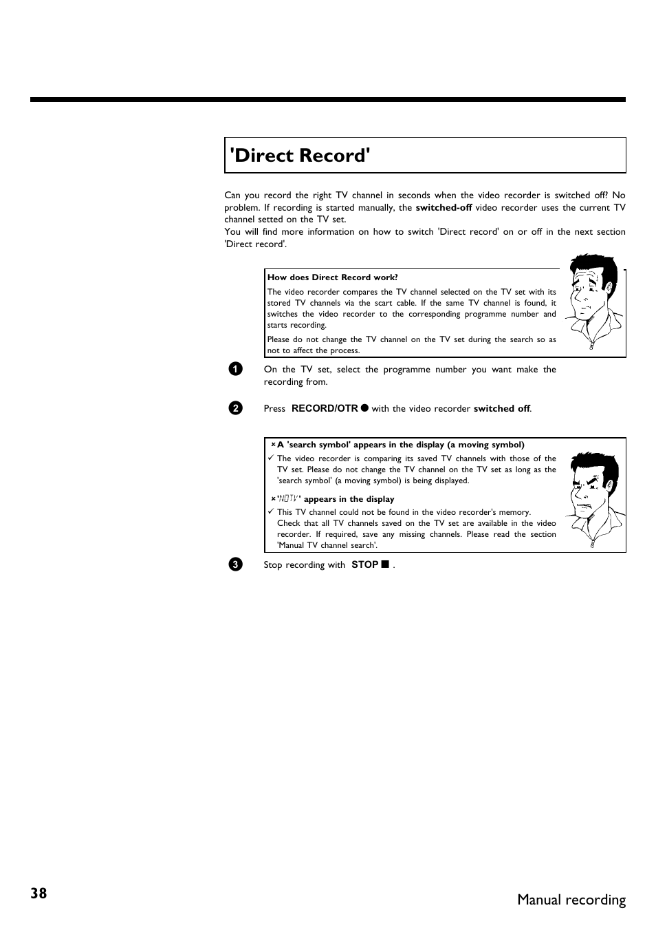 Direct record, Manual recording | Philips VR620/58 User Manual | Page 42 / 64