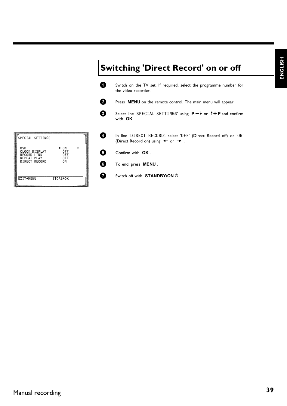 Switching 'direct record' on or off, Manual recording | Philips VR620/58 User Manual | Page 43 / 64