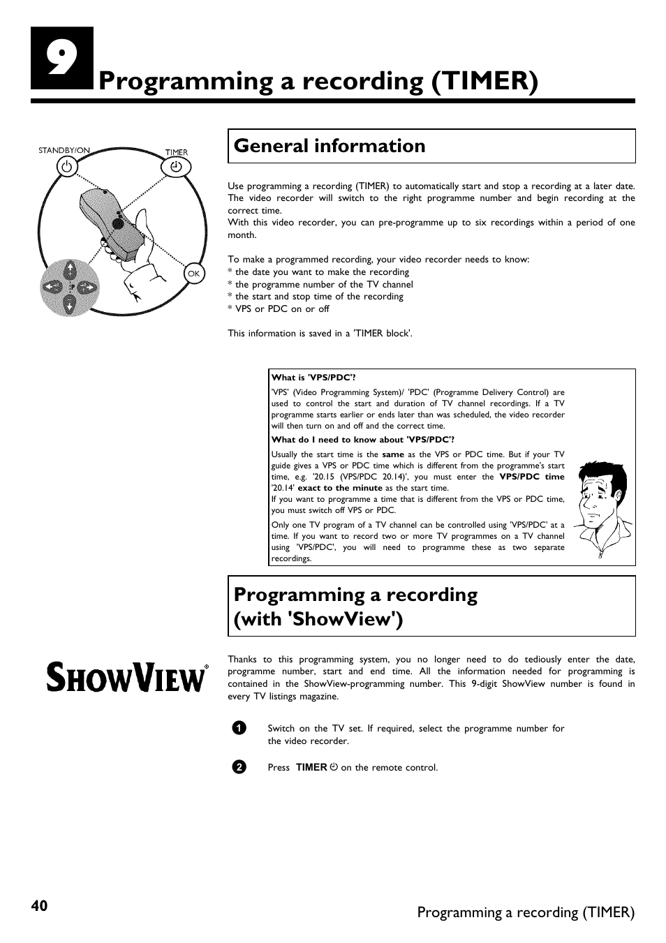 Programming a recording, Timer), General information | Programming a recording (with 'showview'), Programming a recording (timer) | Philips VR620/58 User Manual | Page 44 / 64