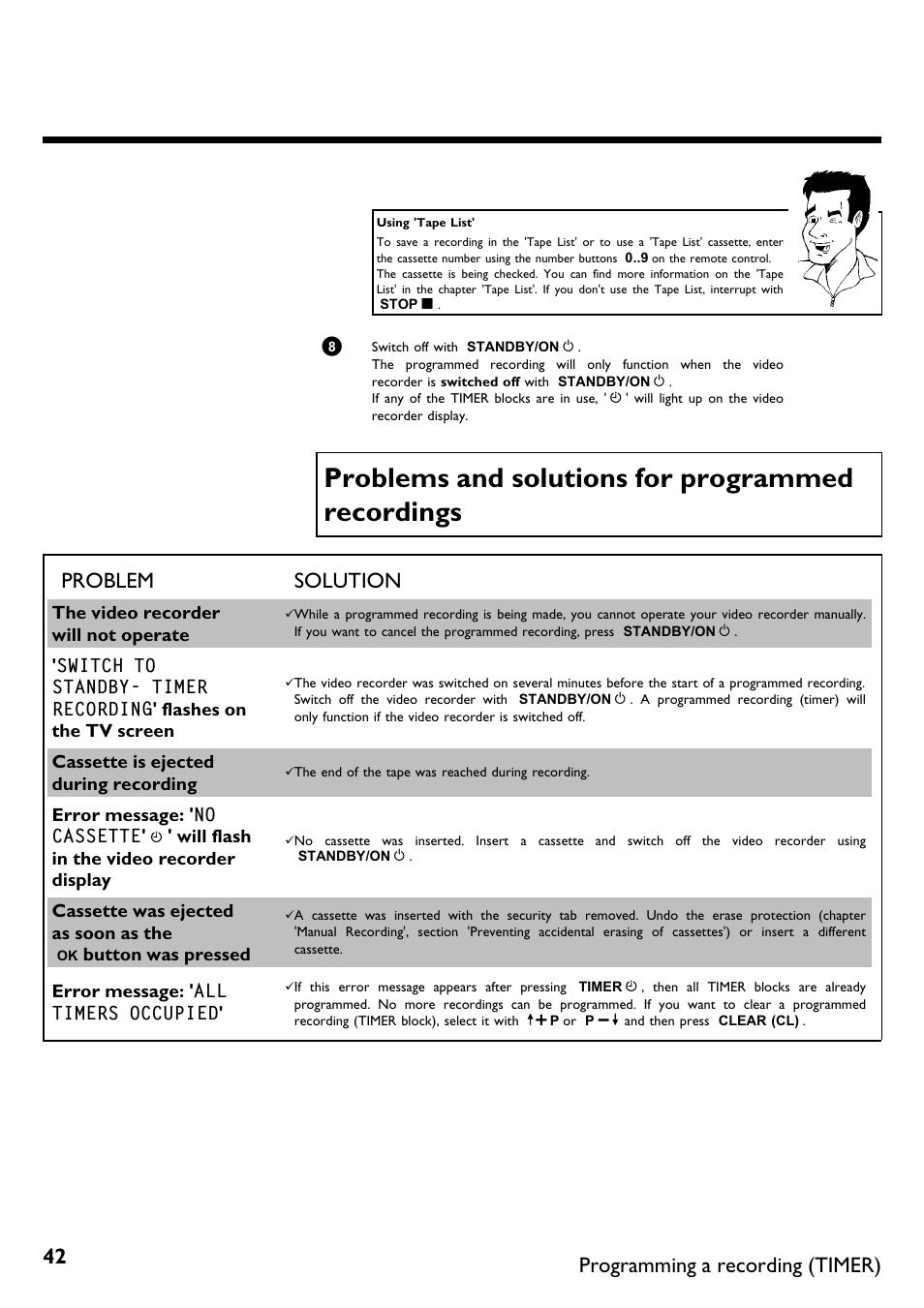 Problems and solutions for programmed recordings, Problem solution, Programming a recording (timer) | Philips VR620/58 User Manual | Page 46 / 64