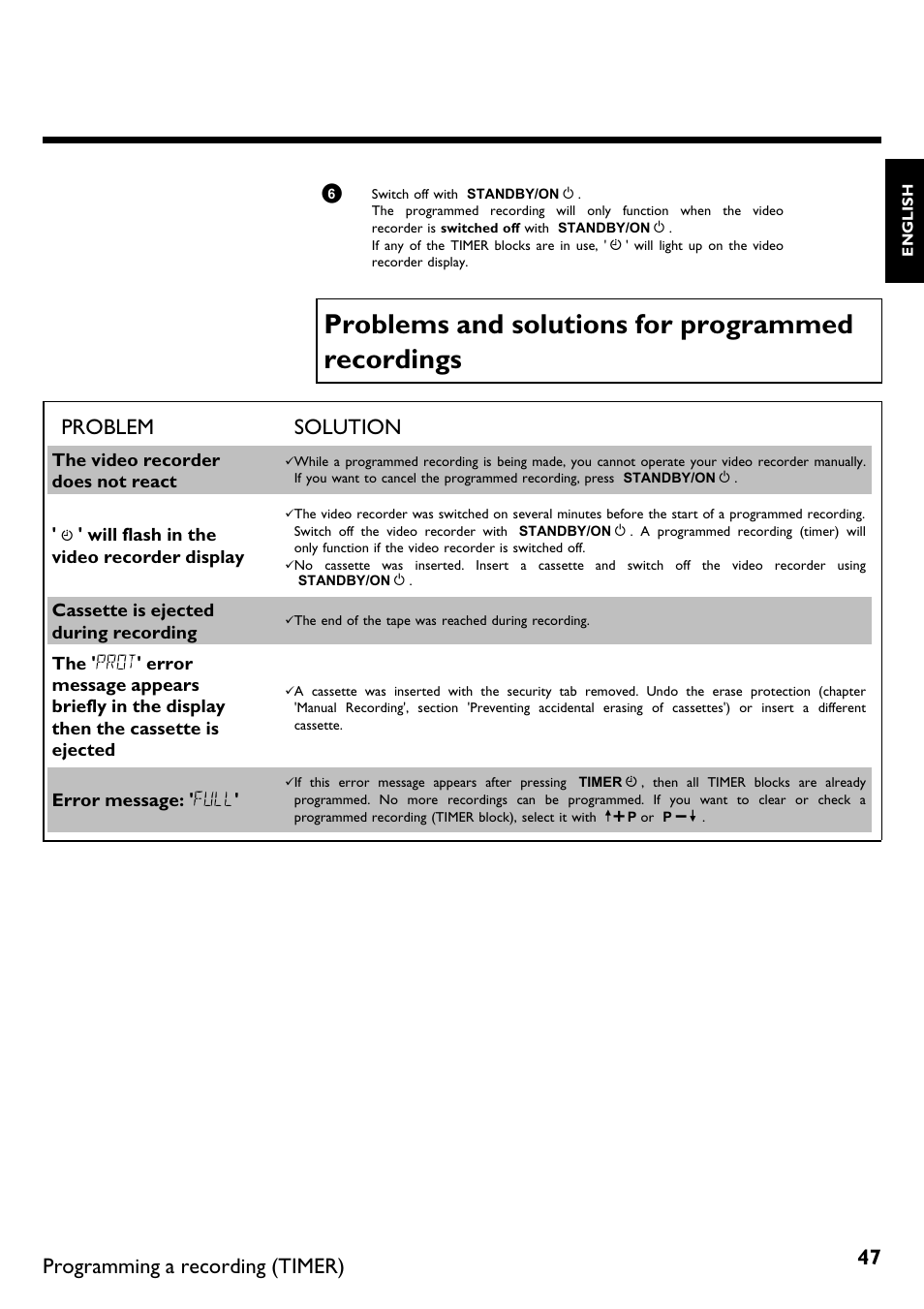 Problems and solutions for programmed recordings, Problem solution, Programming a recording (timer) | Philips VR620/58 User Manual | Page 51 / 64