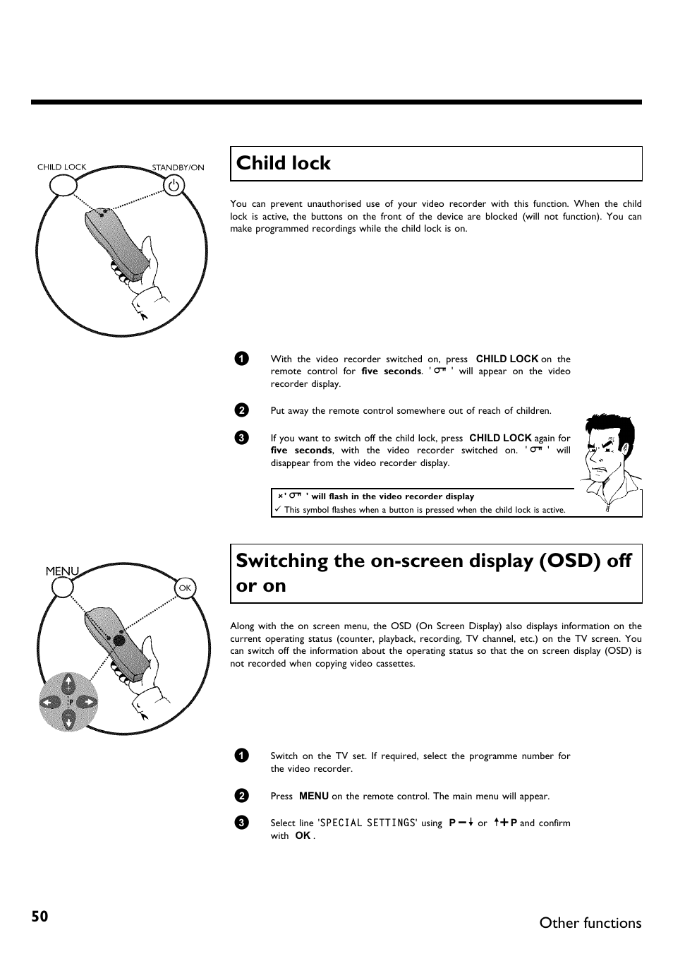 Child lock, Switching the on-screen display (osd) off or on, Switching the on screen display (osd) off or on | Other functions | Philips VR620/58 User Manual | Page 54 / 64