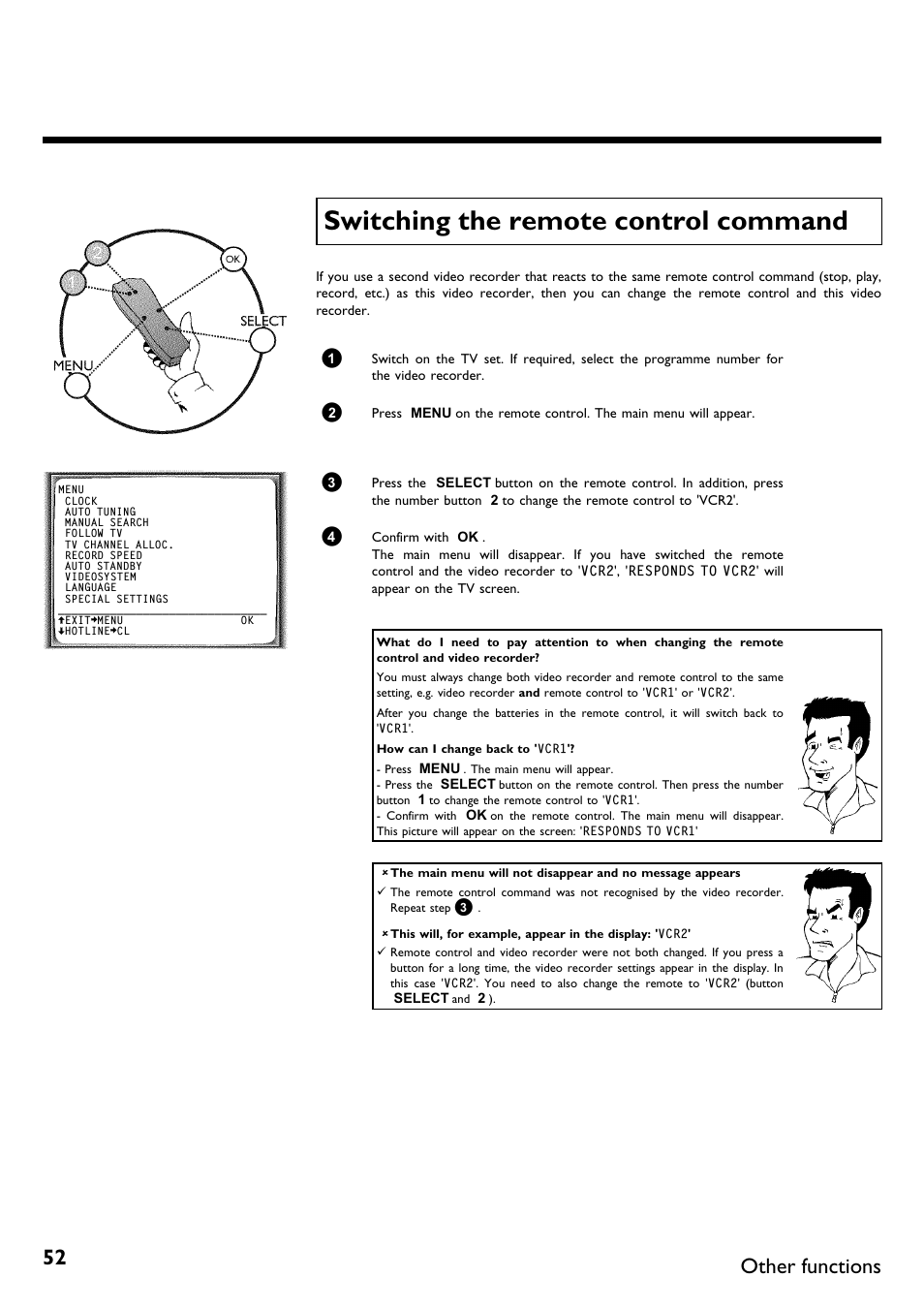 Switching the remote control command, Other functions | Philips VR620/58 User Manual | Page 56 / 64