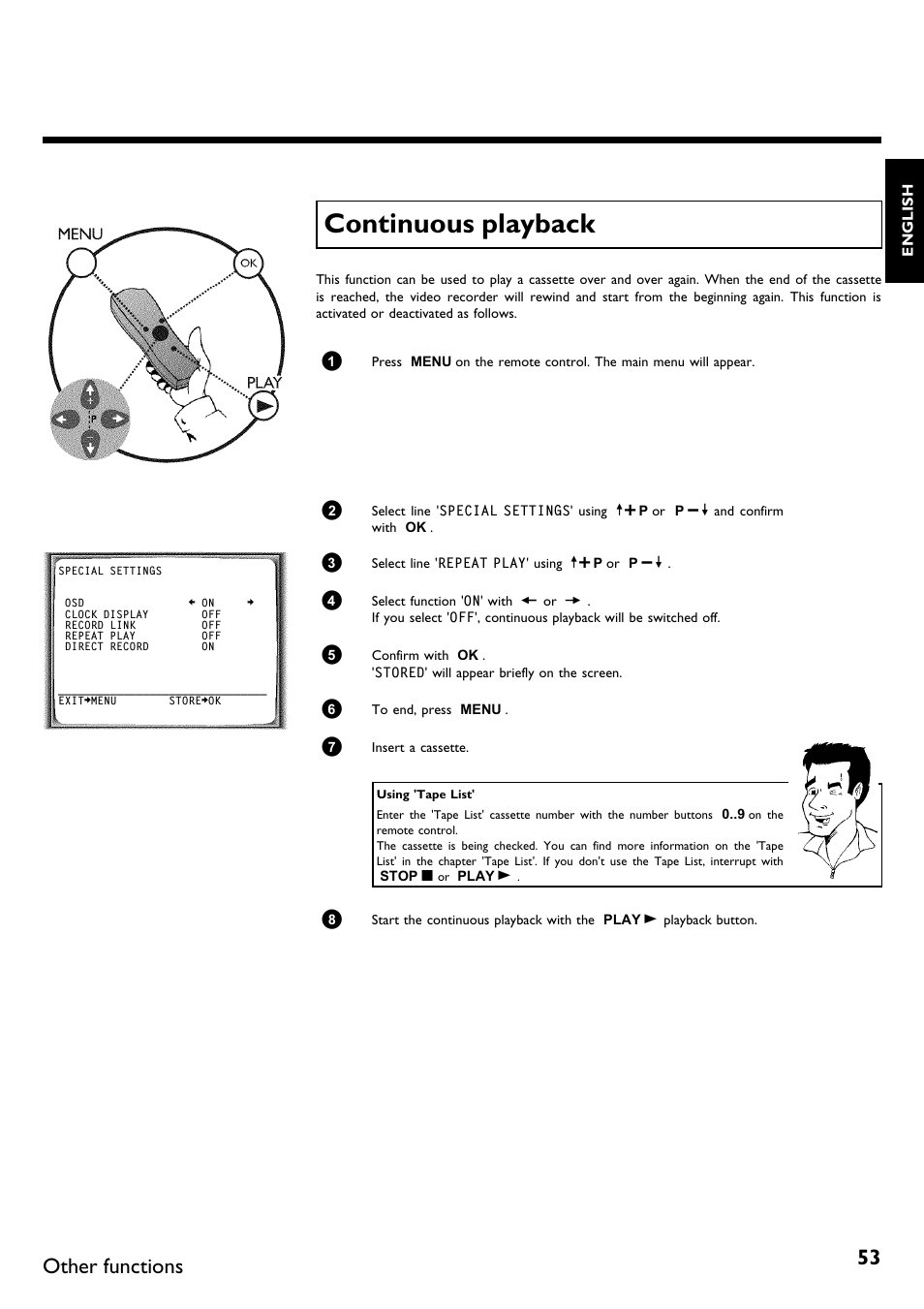 Continuous playback, Other functions | Philips VR620/58 User Manual | Page 57 / 64