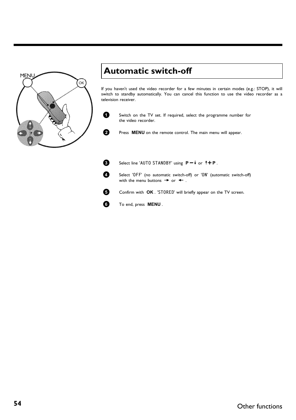 Automatic switch-off, Automatic switch off, Other functions | Philips VR620/58 User Manual | Page 58 / 64