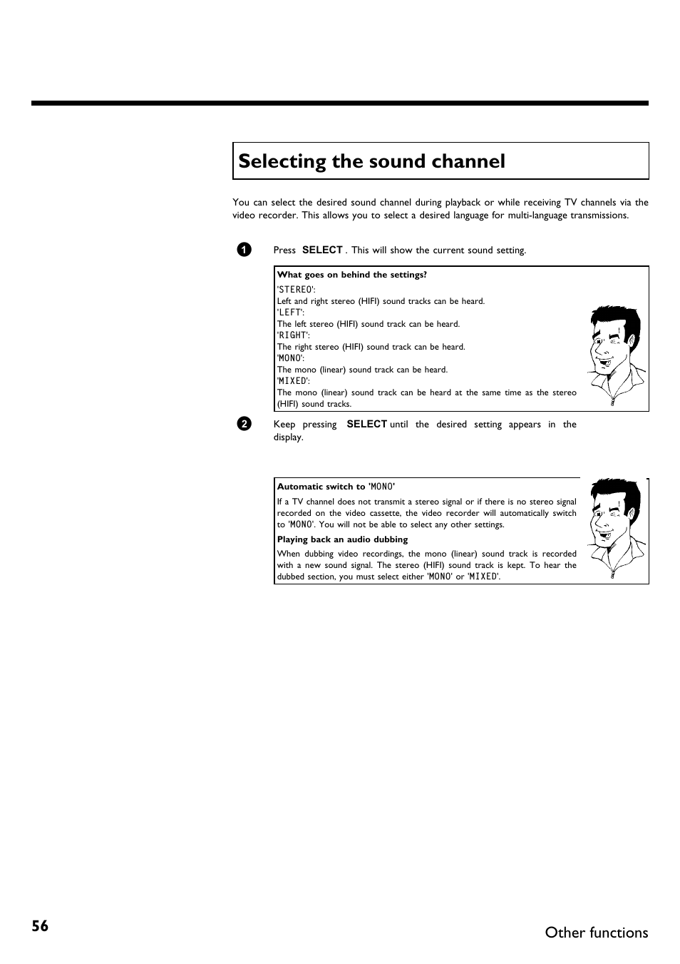 Selecting the sound channel, Other functions | Philips VR620/58 User Manual | Page 60 / 64