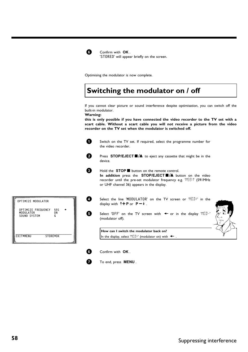 Switching the modulator on / off, Suppressing interference | Philips VR620/58 User Manual | Page 62 / 64