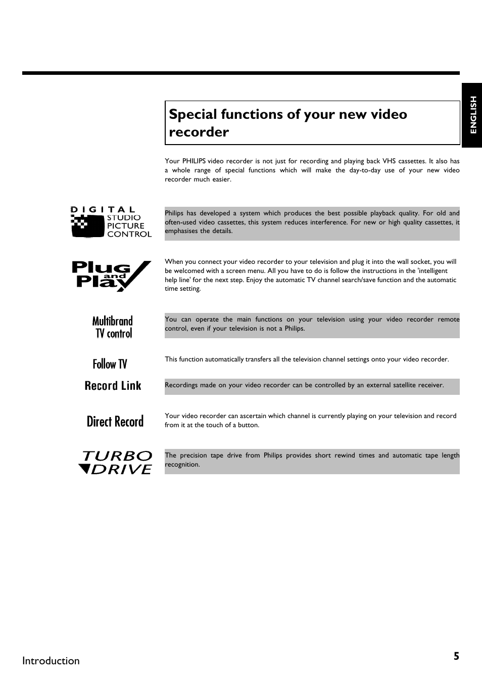 Special functions of your new video recorder, Introduction | Philips VR620/58 User Manual | Page 9 / 64