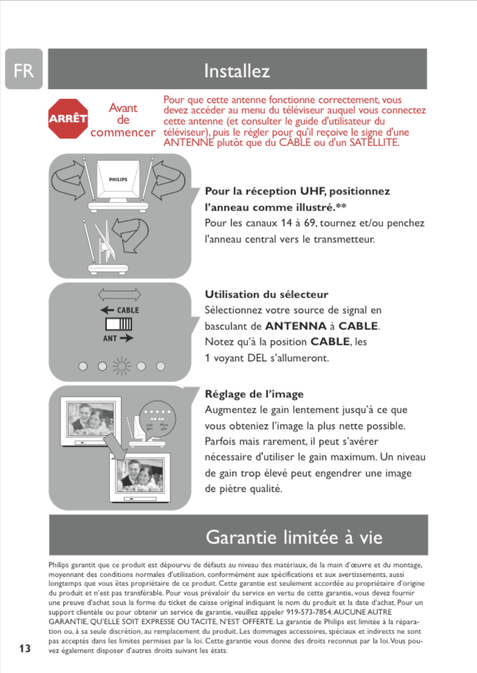 Utilisation du sélecteur, Réglage de l’image, Garantie limitée à vie | Installez, De commencer | Philips MNT510F User Manual | Page 13 / 14