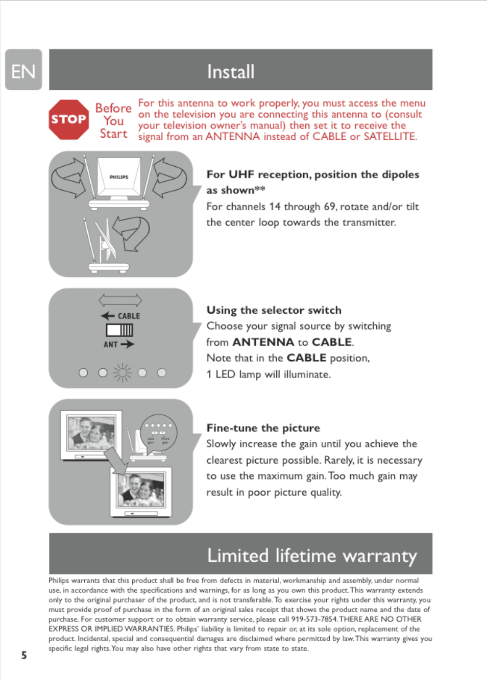 Limited lifetime warranty, Install | Philips MNT510F User Manual | Page 5 / 14