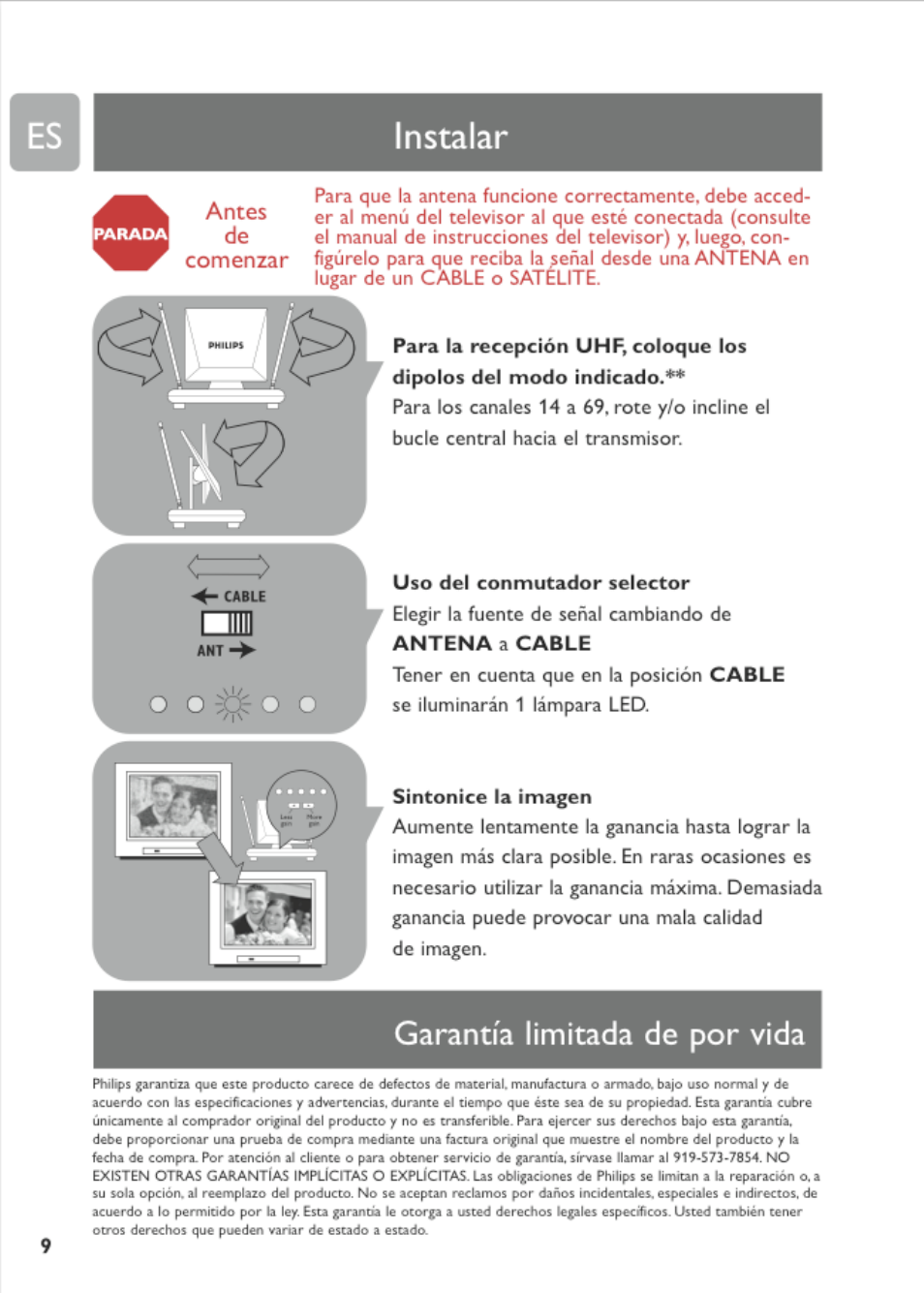 Uso del conmutador selector, Sintonice la imagen, Garantía limitada de por vida | Instalar | Philips MNT510F User Manual | Page 9 / 14