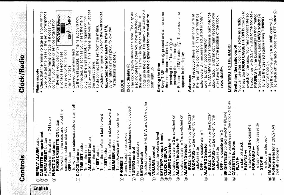 Rewind •h, Forward, Stopb | Mains supply, Clock, Antennas, Controls clock/radio | Philips AJ3840/10M User Manual | Page 2 / 6