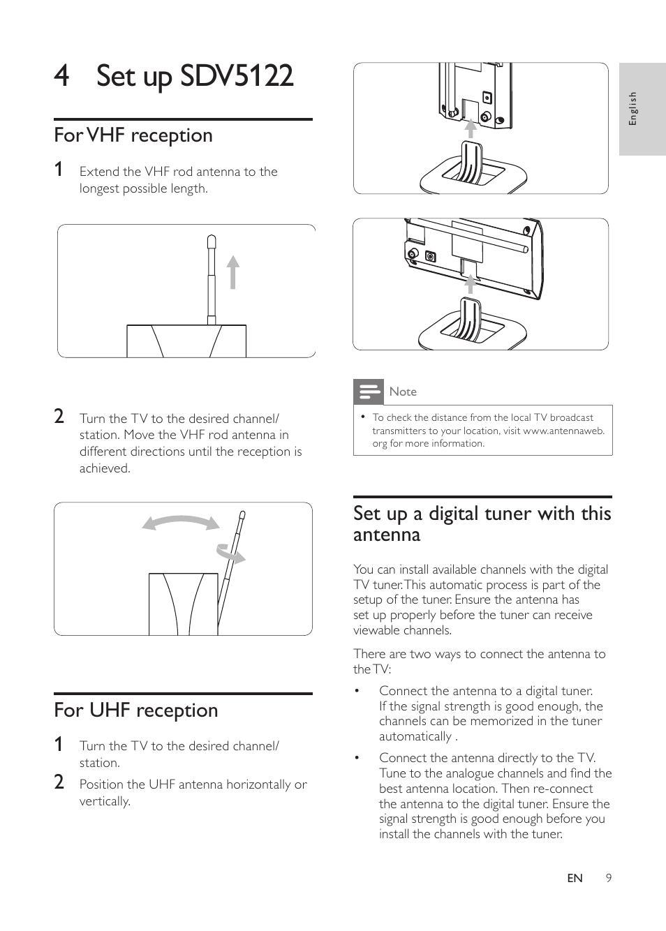 4 set up sdv5122, For vhf reception, For uhf reception | Set up a digital tuner with this antenna | Philips SDV5122/27 User Manual | Page 9 / 14