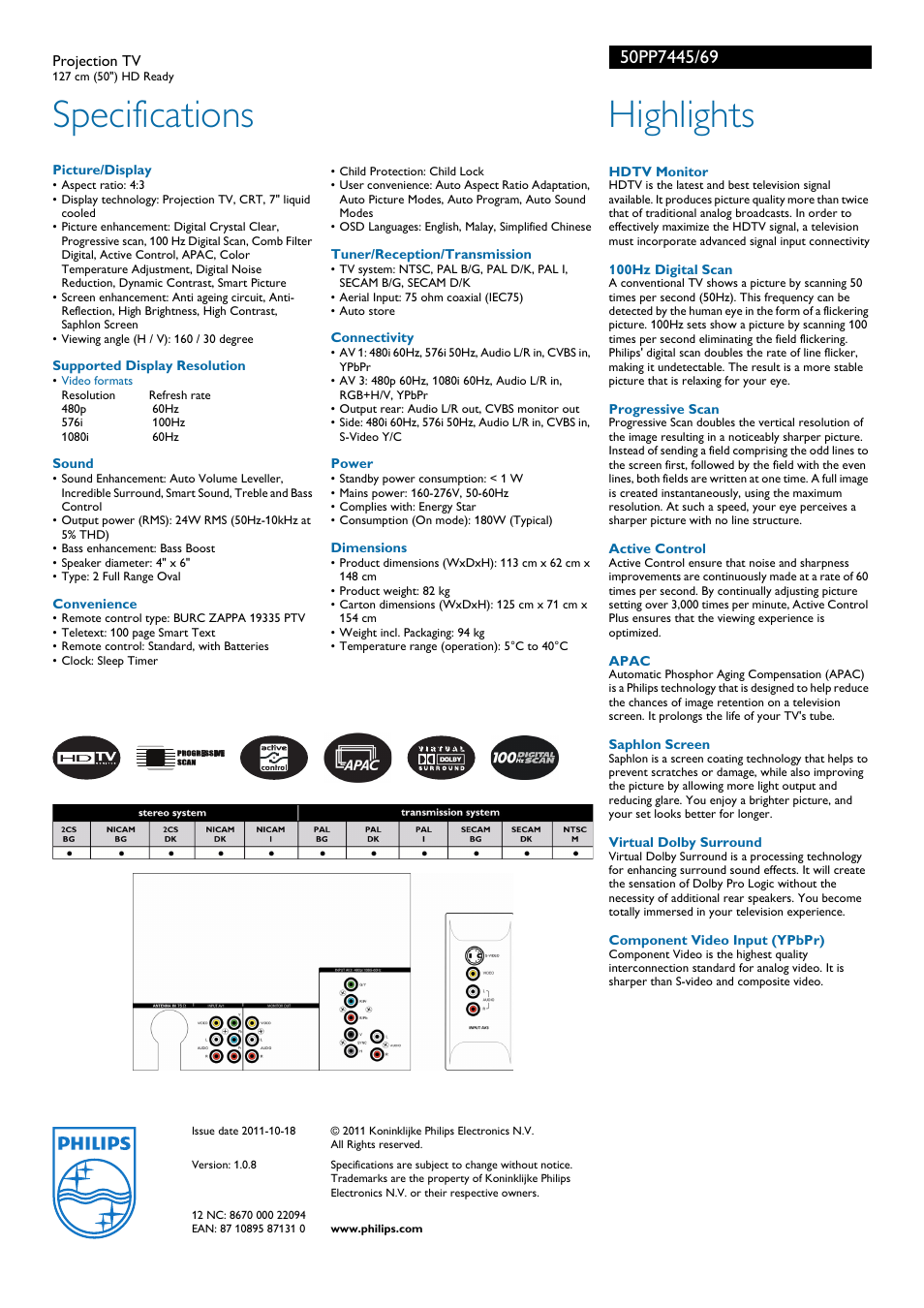 Specifications, Highlights | Philips 50PP7445 User Manual | Page 2 / 2