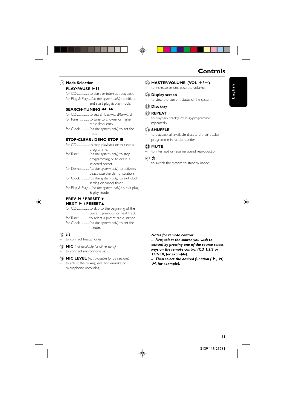 Controls | Philips FW C255 User Manual | Page 11 / 28