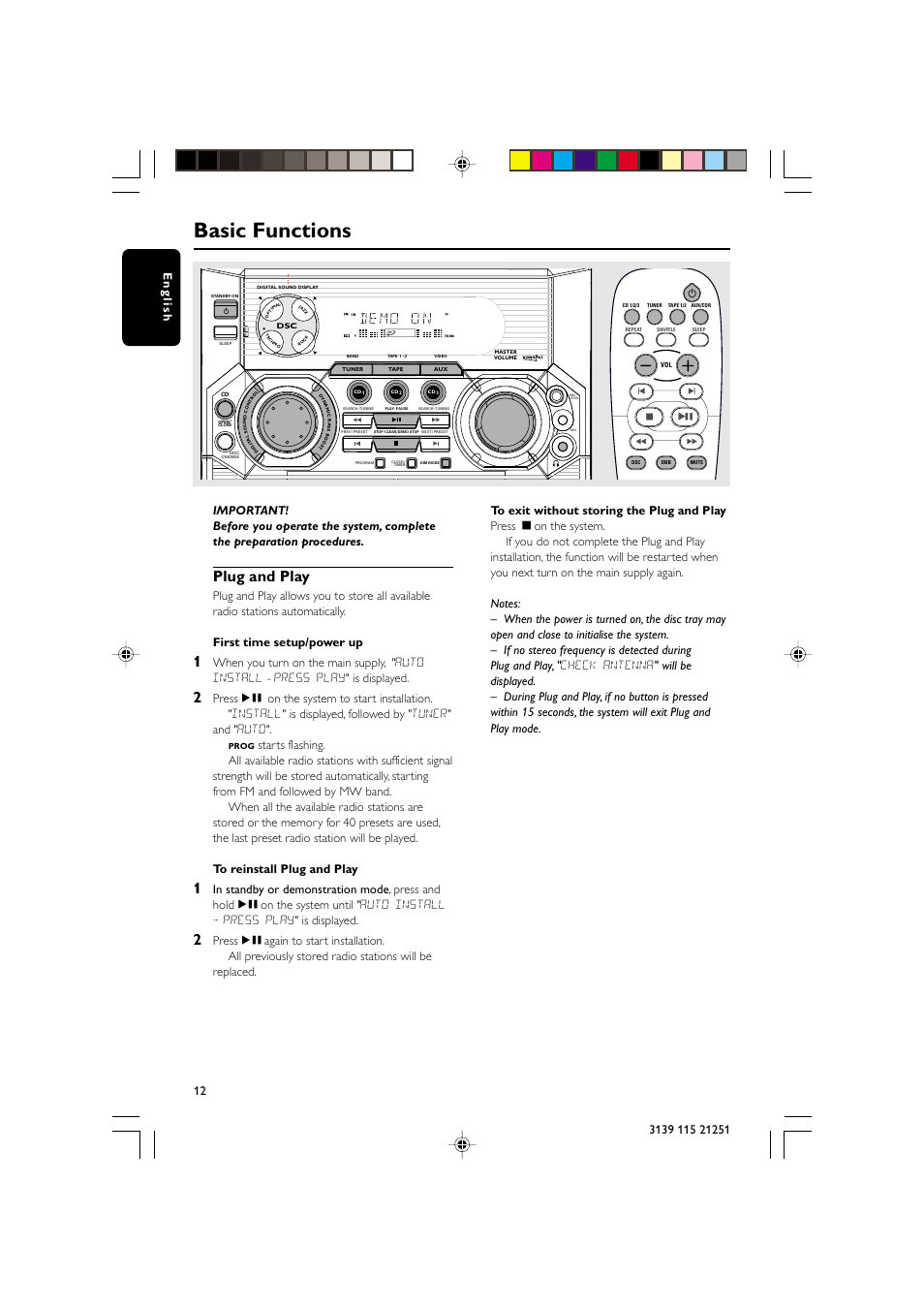 Basic functions, Plug and play | Philips FW C255 User Manual | Page 12 / 28